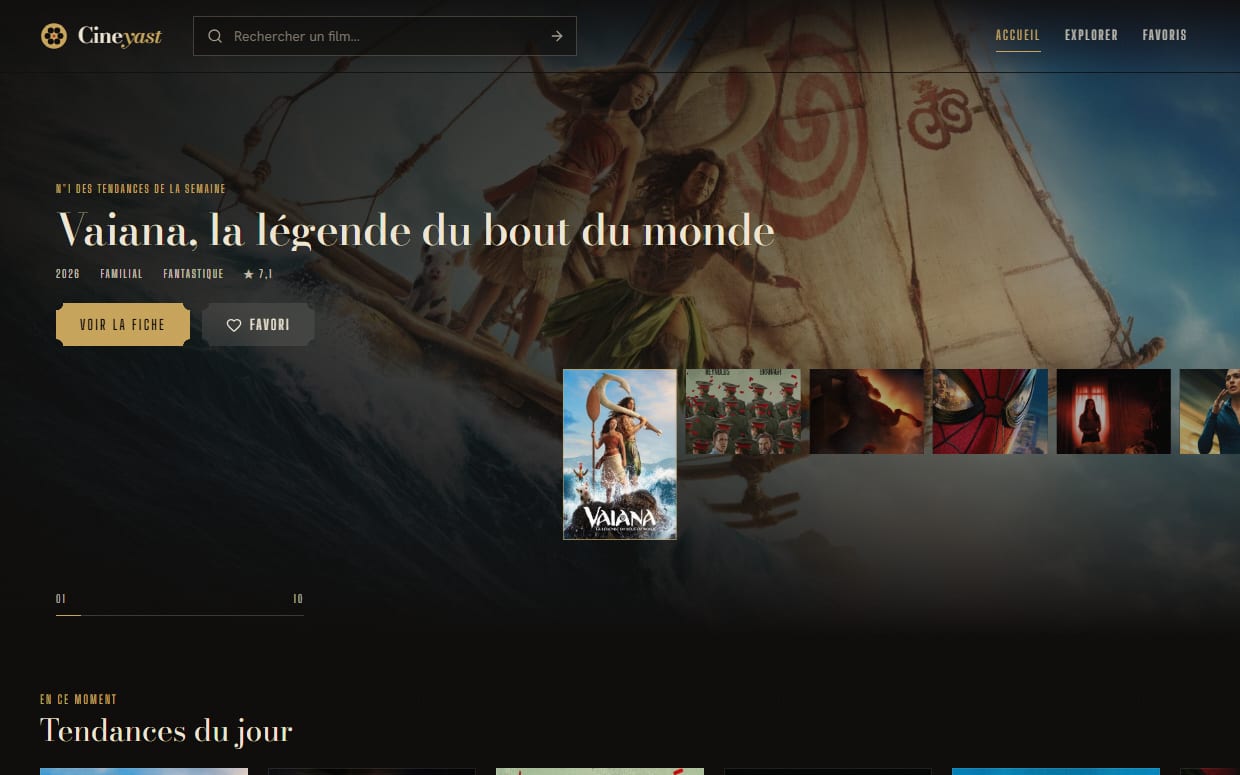 Page d'accueil de Cineyast : le film à la une de la semaine en grand, sur fond sombre