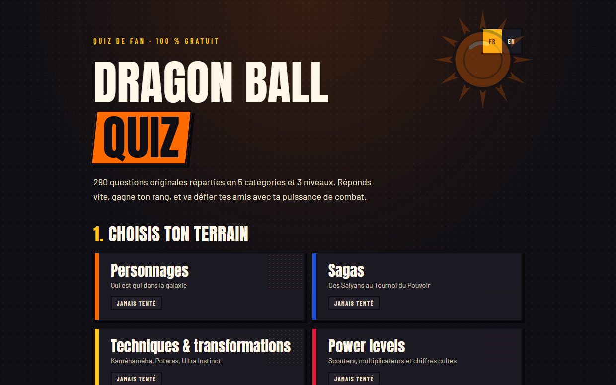 Page d'accueil de Dragon Ball Quiz : grand titre en lettrage manga sur fond sombre, et les catégories du quiz