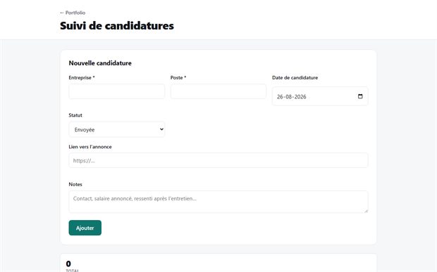 Interface de l'outil de suivi de candidatures