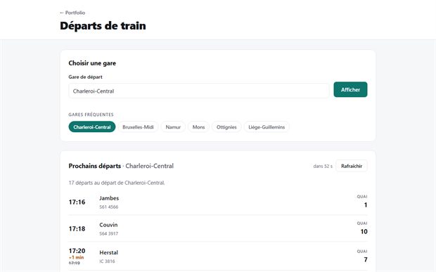 Interface de l'outil de départs de train en direct