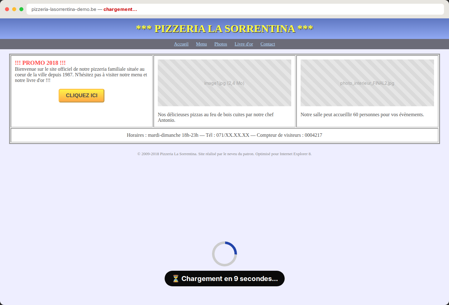 Page d'accueil encombrée : titre clignotant, images non chargées, horaires noyés en bas de page